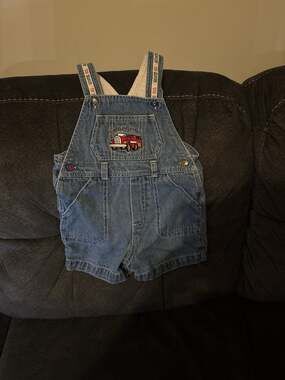 Vintage Badge Denim Shortall Overalls Fire Engine Rescue 911 Toddler 3T